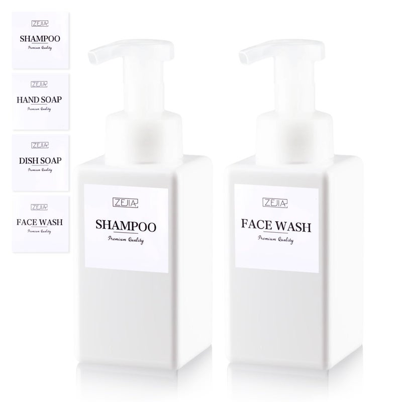 ZEJIA 15OZ Foaming Soap Dispenser, 2-Pack Plastic Hand Soap Dispenser, Refillable Leakproof Foam Pump Bottle with Waterproof Labels, for Shampoo, Body Wash - Image 1